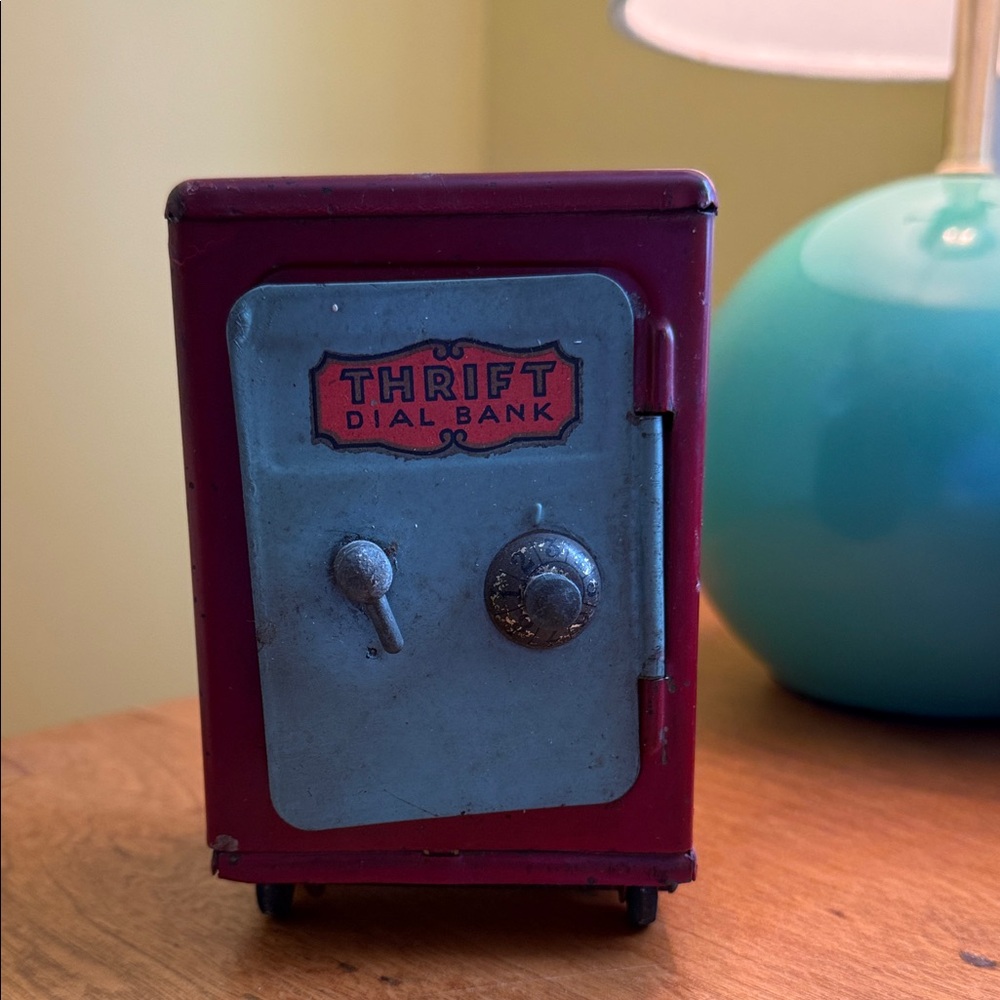 Vintage Thrift Dial Bank Red Safe On Wheels 5” x 3”
